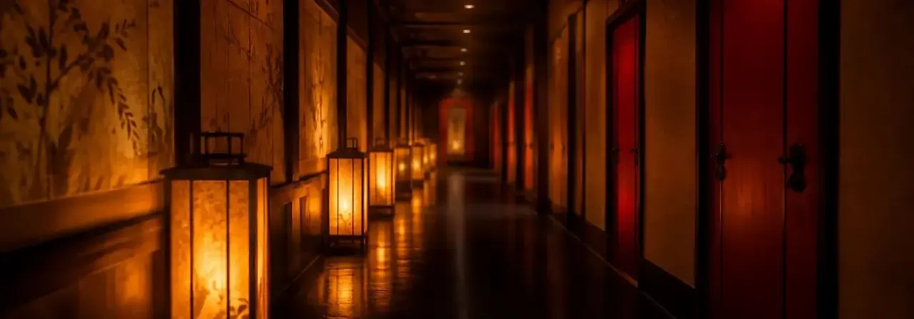 黄果短剧新剧上线页面暖光灯笼走廊背景
